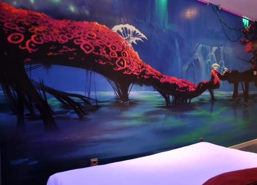A mural inspired by Pandora, featuring luminous landscapes, lush vegetation in shades of red and blue, and aquatic elements