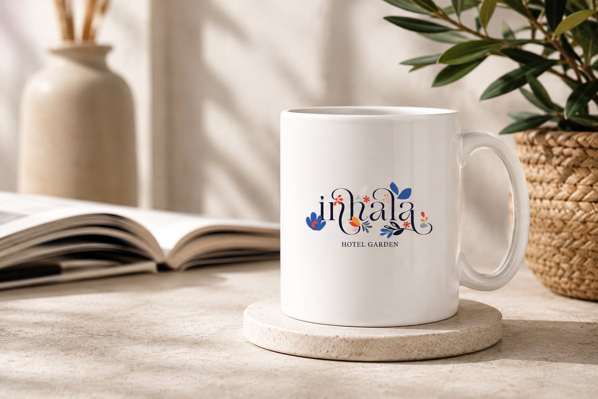 Tasse blanche à motif floral de l'hôtel Garden Inhala, idéale pour les amateurs d'esthétique tropicale. Parfait pour